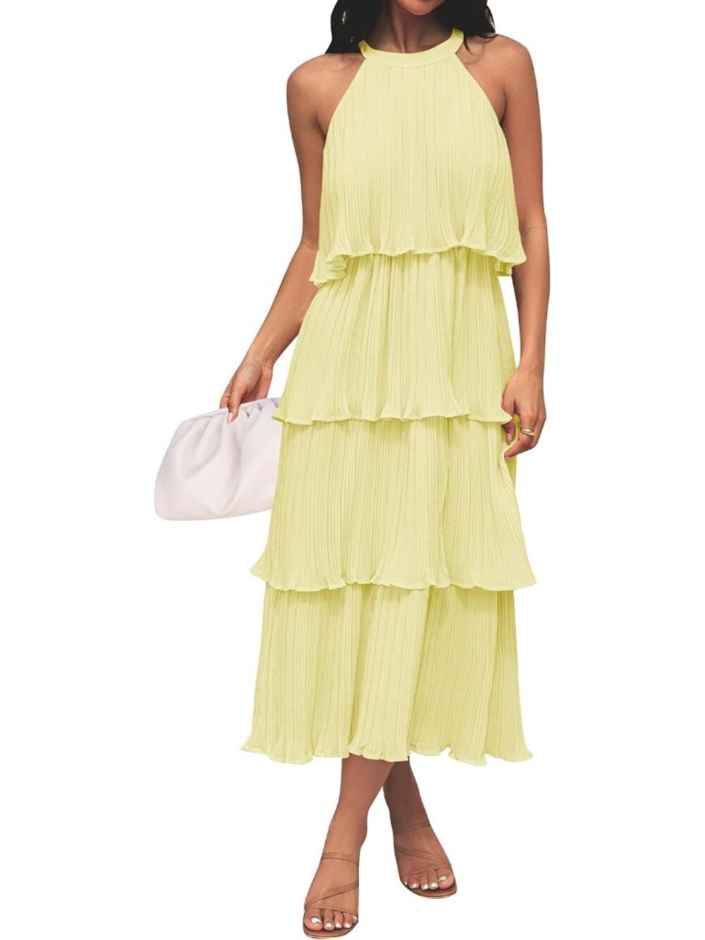 Women's Light Yellow Summer Halter Ruffle Sleeveless Wedding Guest Midi Dresses